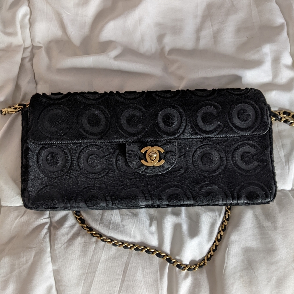 VINTAGE BLACK CHANEL PONY HAIR COCO EAST WEST FLAP BAG